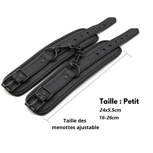 Image des menottes a plat noir avec les dimensions. La taille Petite.