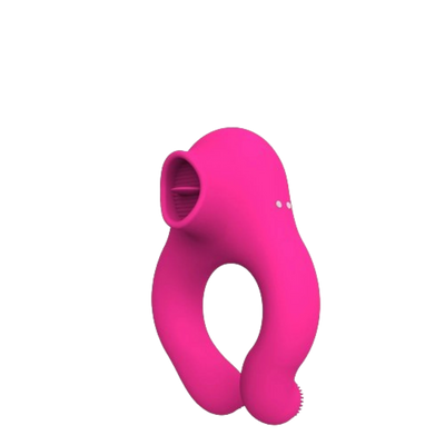 Cercle en caoutchouc rose ouvert en bas, avec une bouche de stimulation pour le clitoris au sommet du cercle.